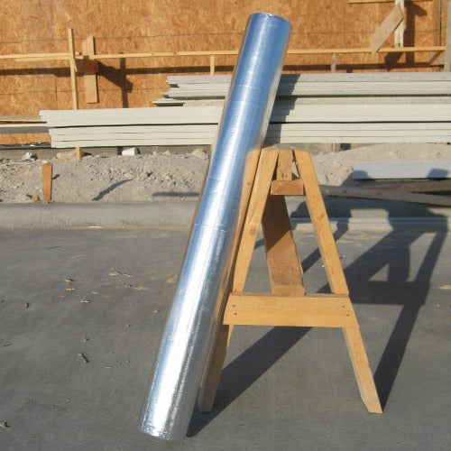 Radiant barrier roll standing against easel